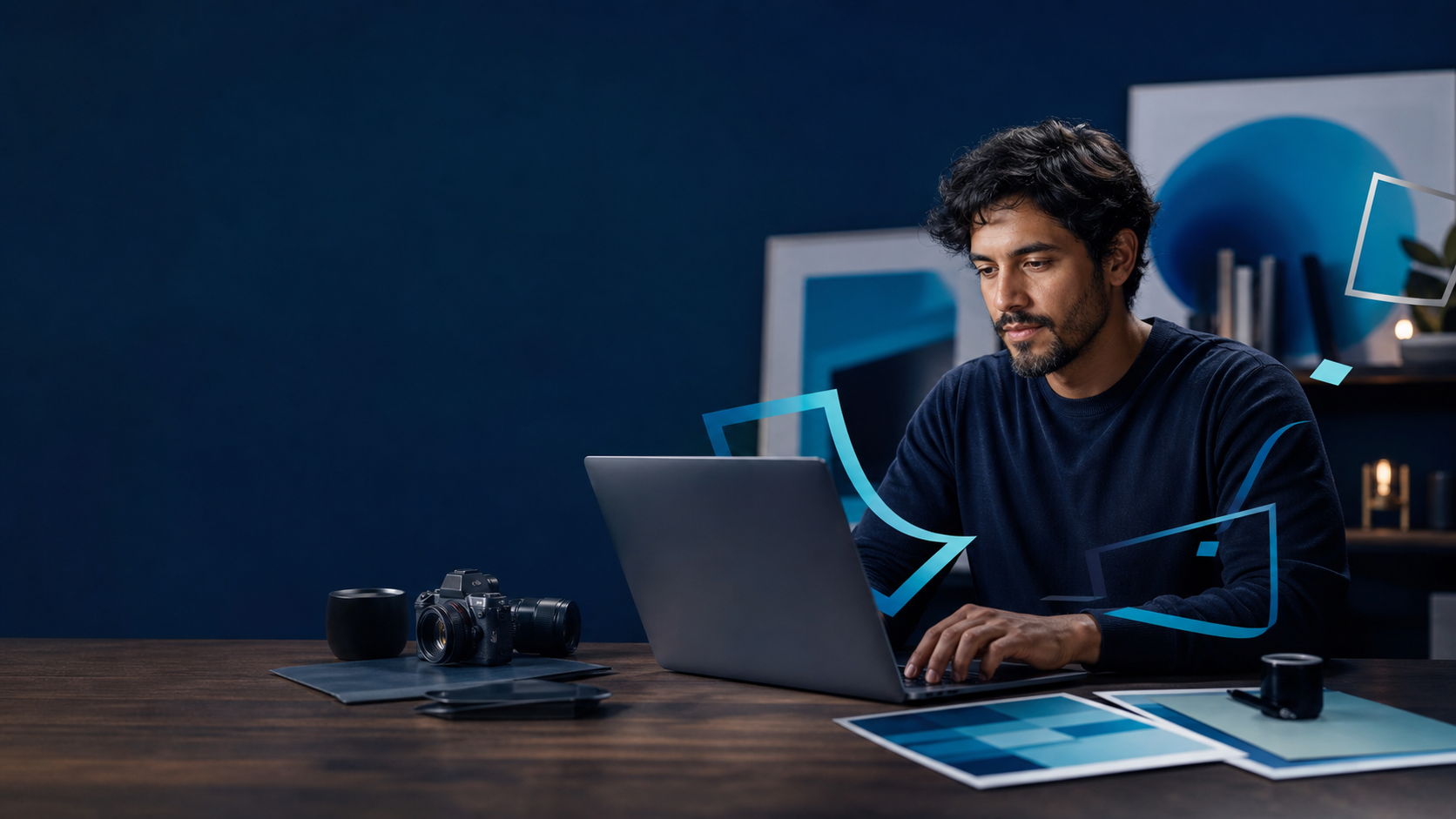 Designer trabalhando em laptop com câmera e formas abstratas de edição em azul