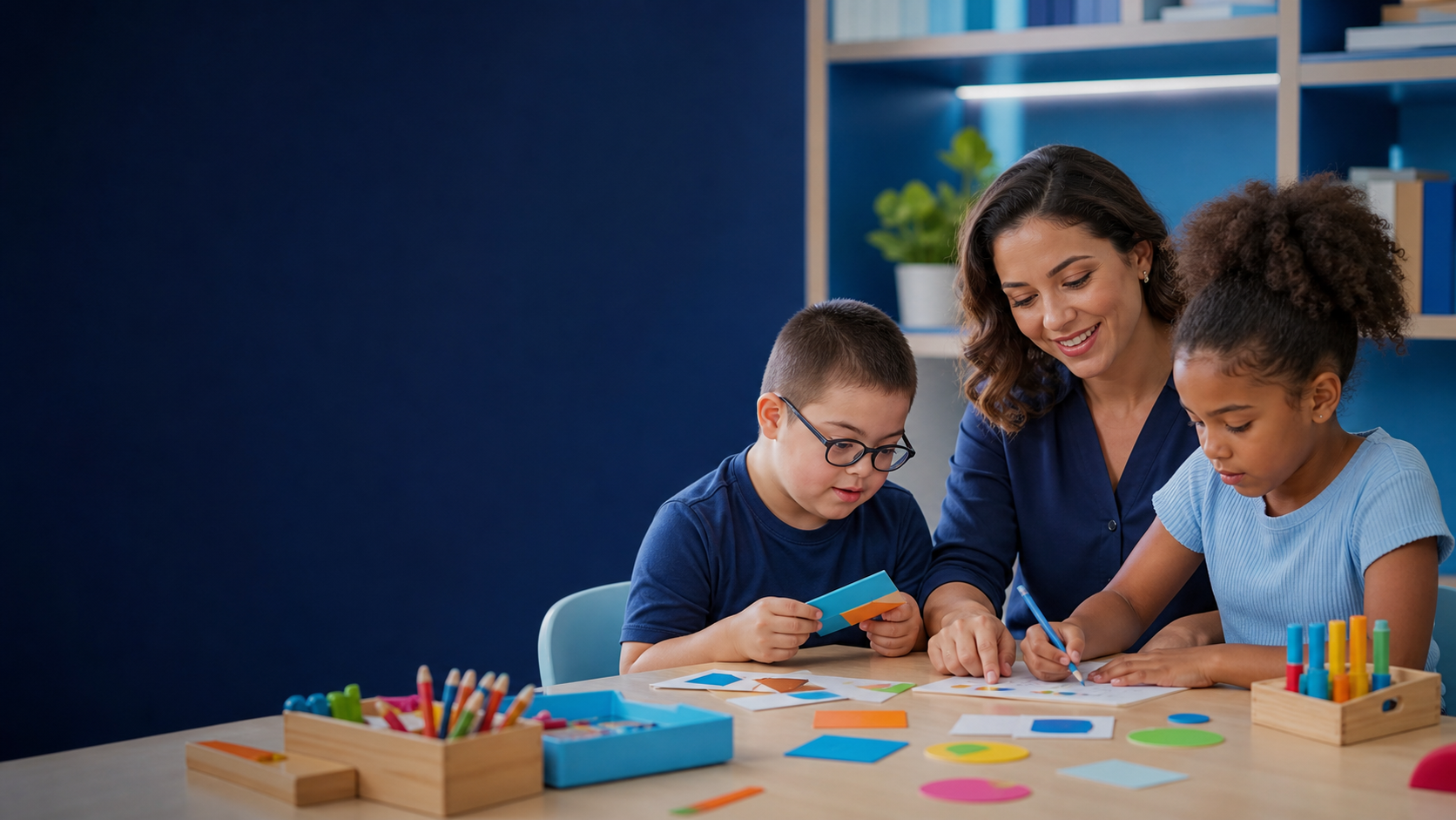 Educadora e duas crianças explorando materiais de aprendizagem inclusiva em uma mesa