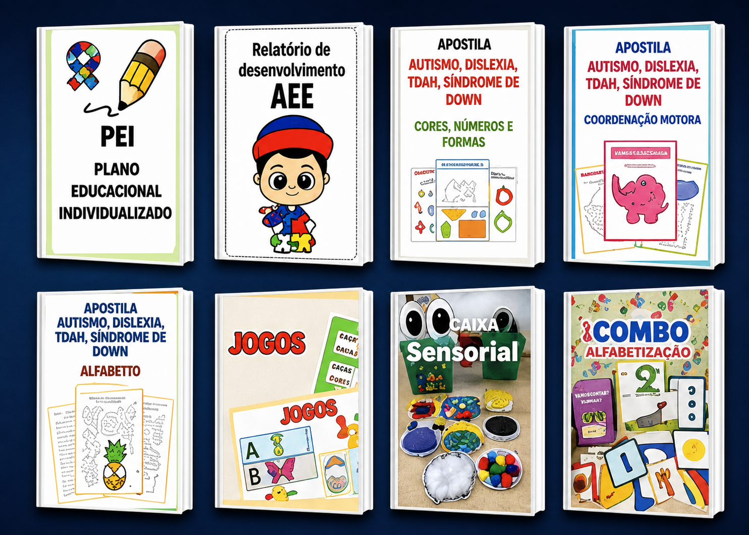 Prévia visual dos materiais que compõem o Combo de Educação Especial