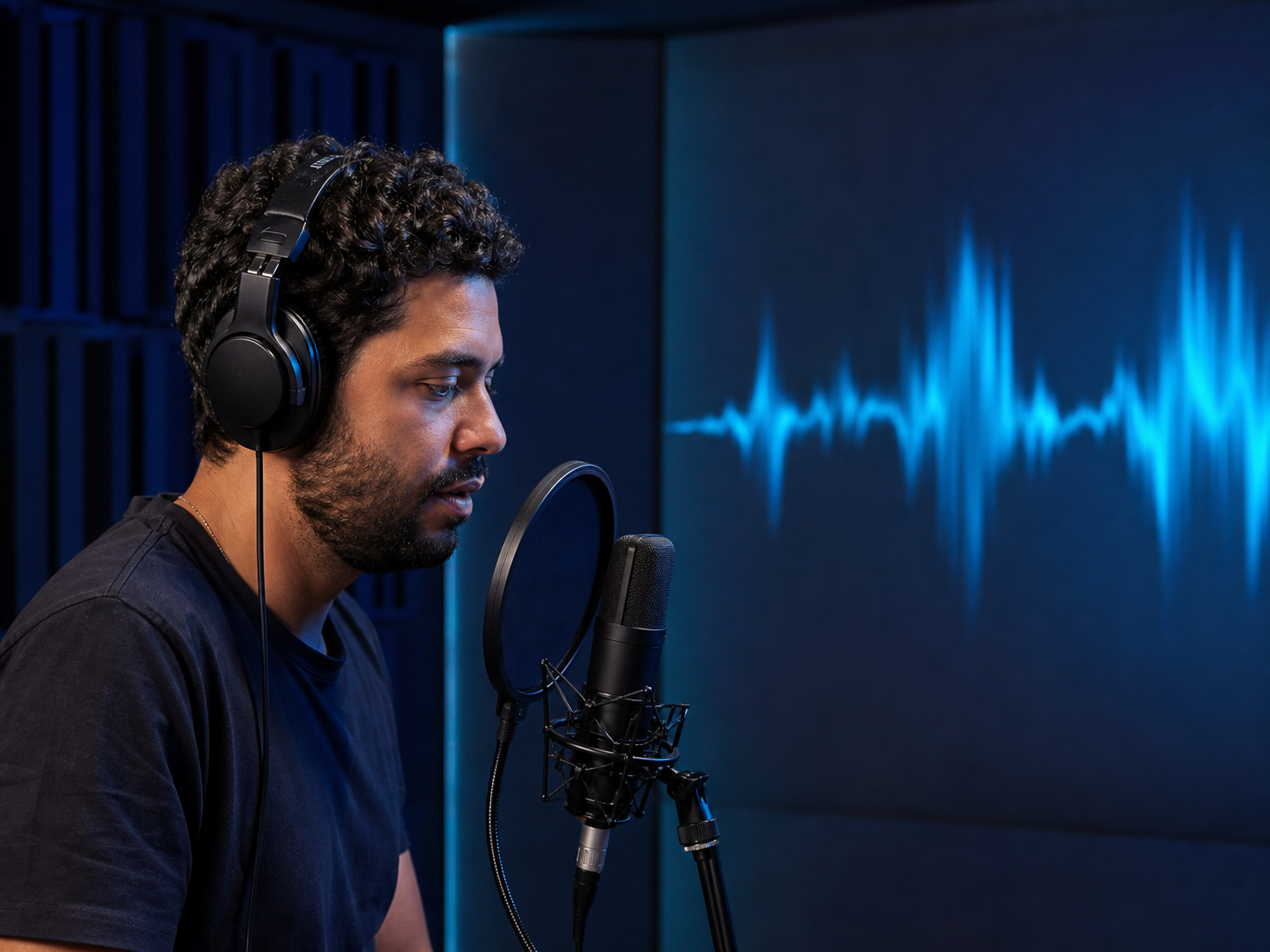 Criador gravando voz em um estúdio com visualização sonora abstrata em azul
