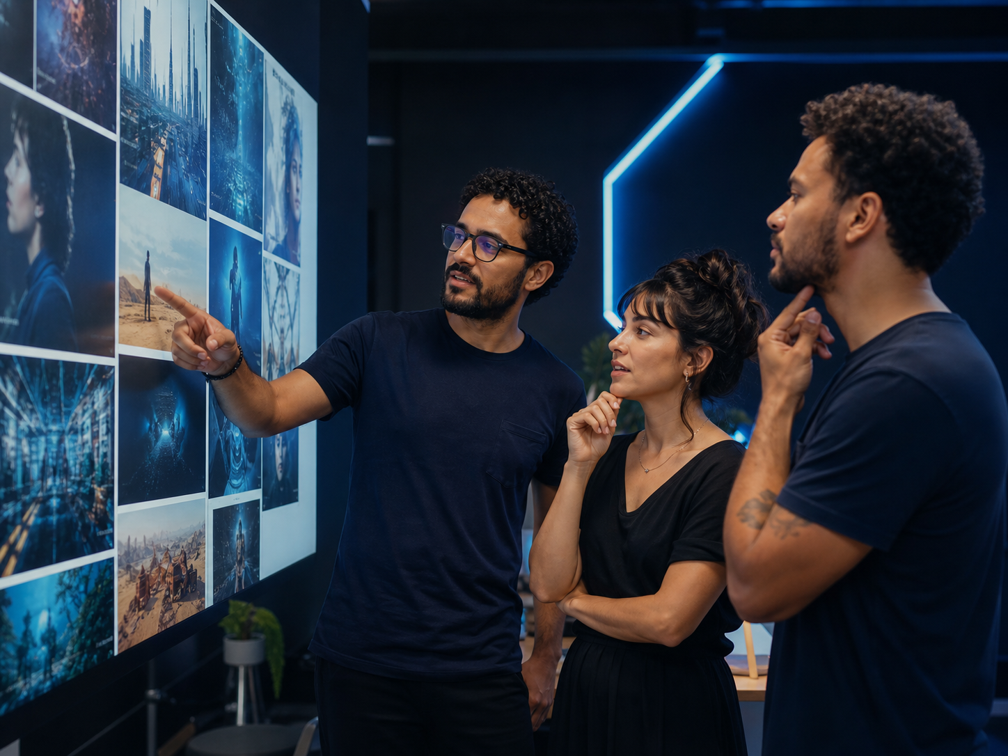 Equipe criativa analisando referências visuais em um estúdio com iluminação azul