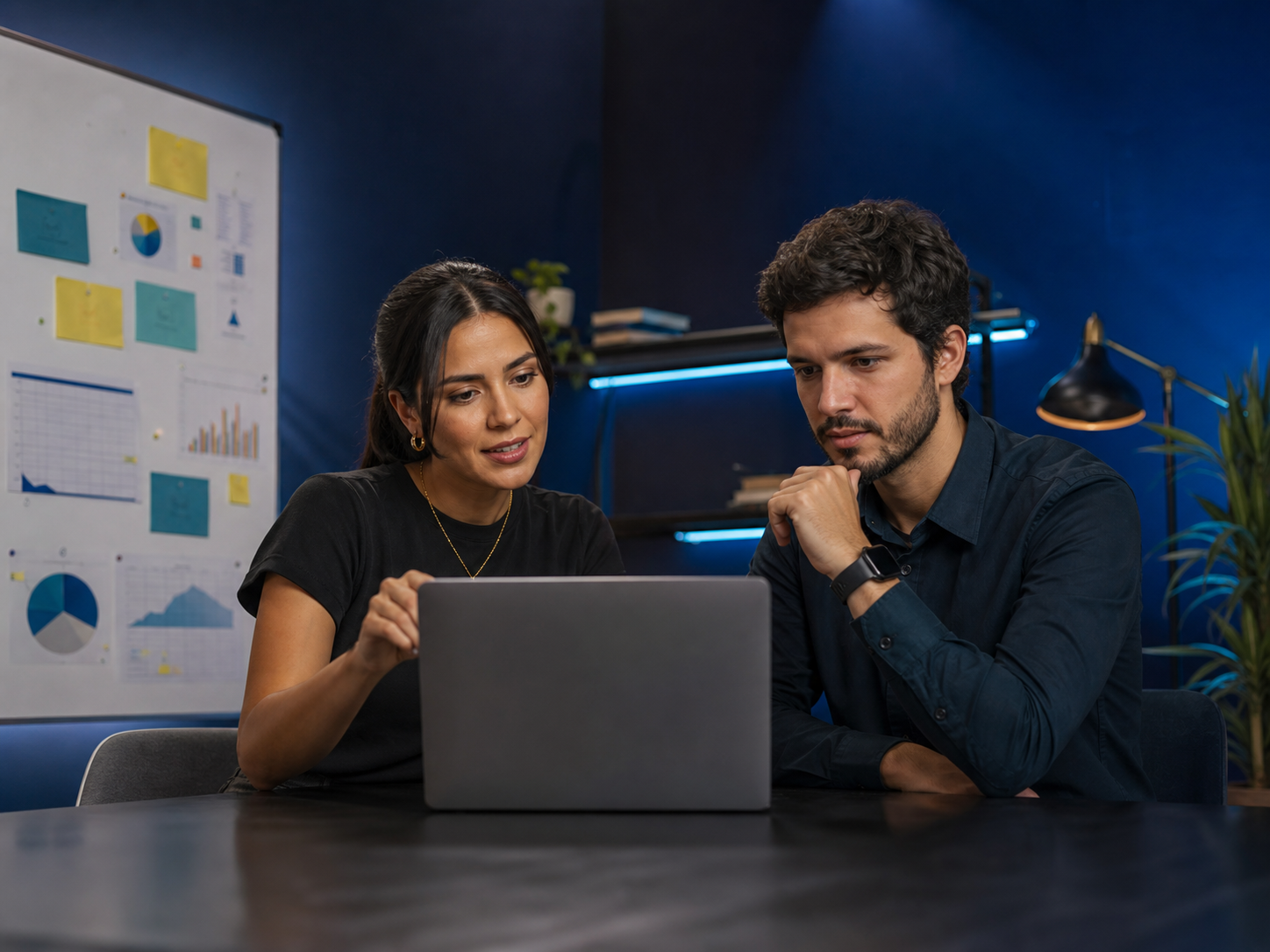 Duas pessoas analisando uma estratégia de campanhas digitais em frente a um laptop