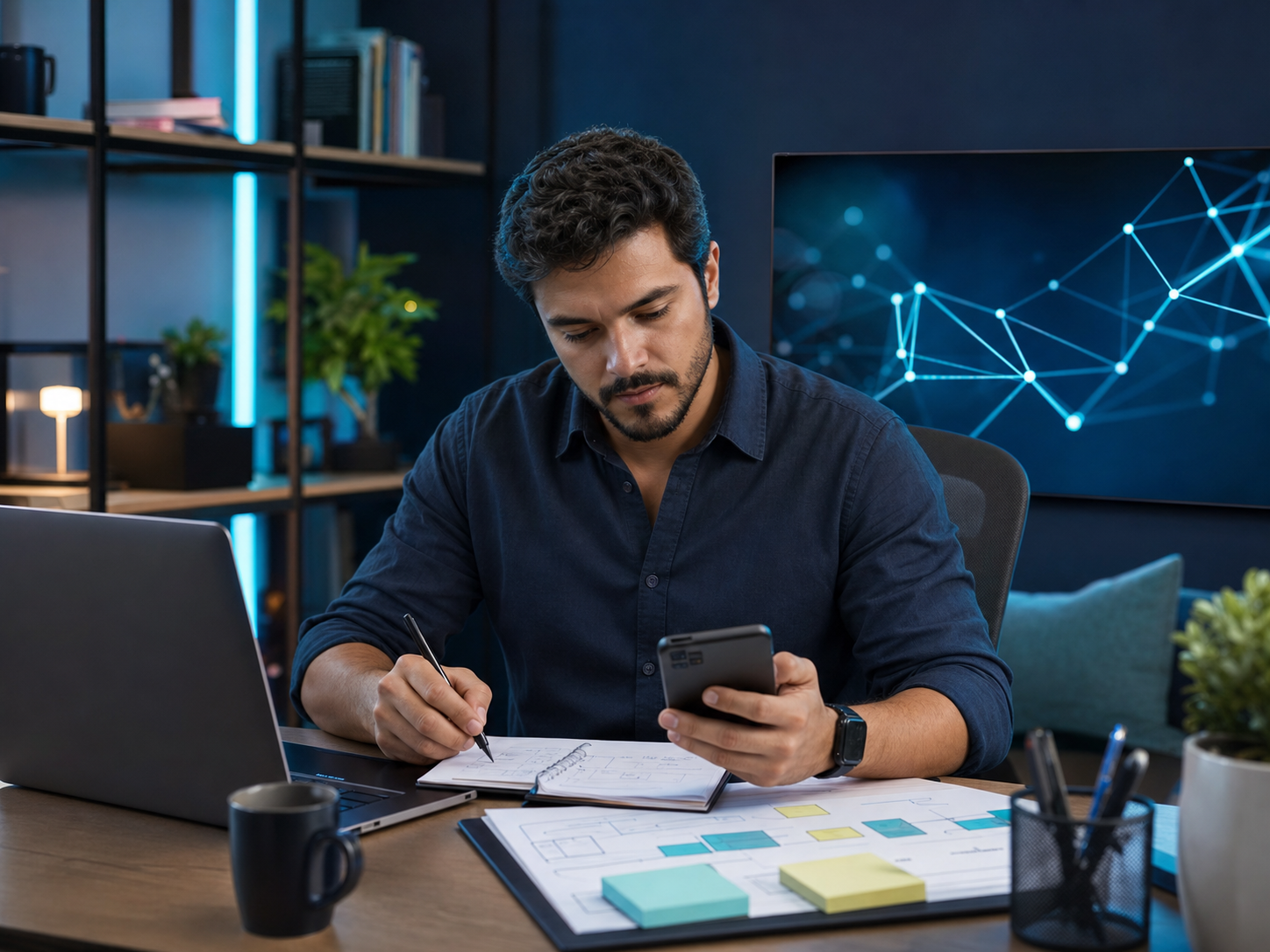 Profissional organizando uma operação digital com laptop e telefone