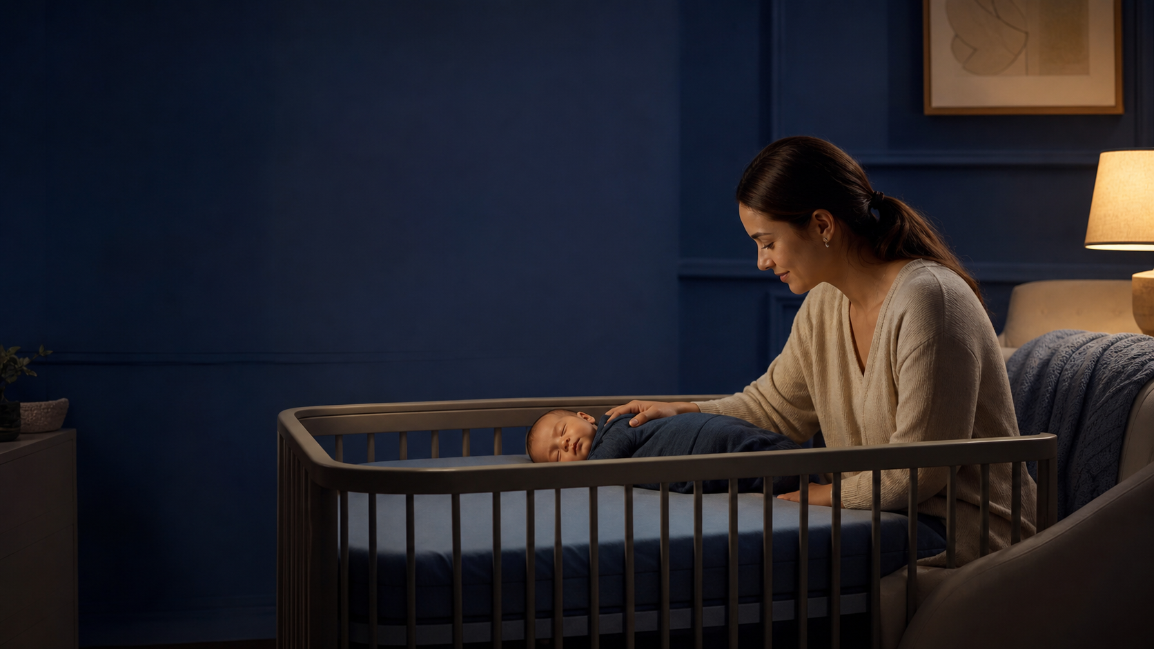 Mãe observando seu bebê em um berço em um quarto com tons de azul durante a noite