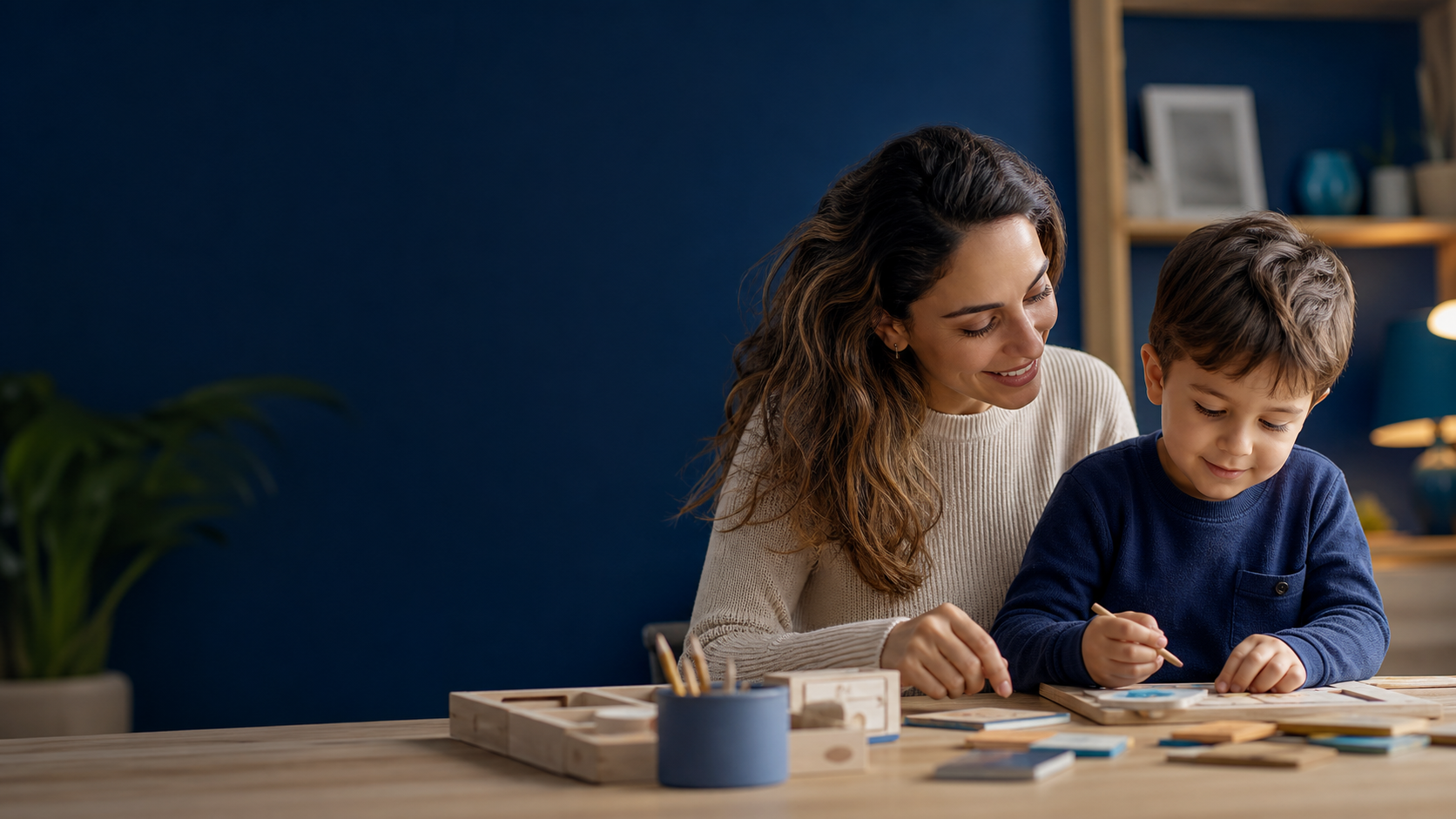Mãe e criança em um momento de aprendizado em casa