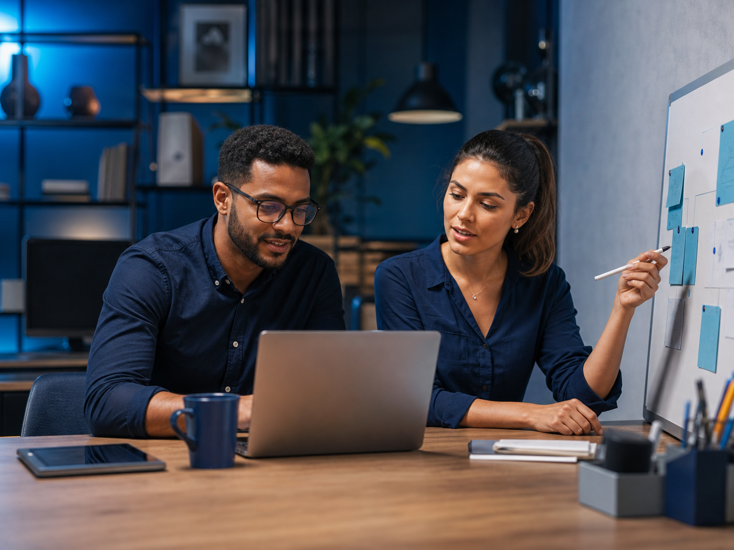 Duas pessoas planejando um projeto digital em frente a um laptop