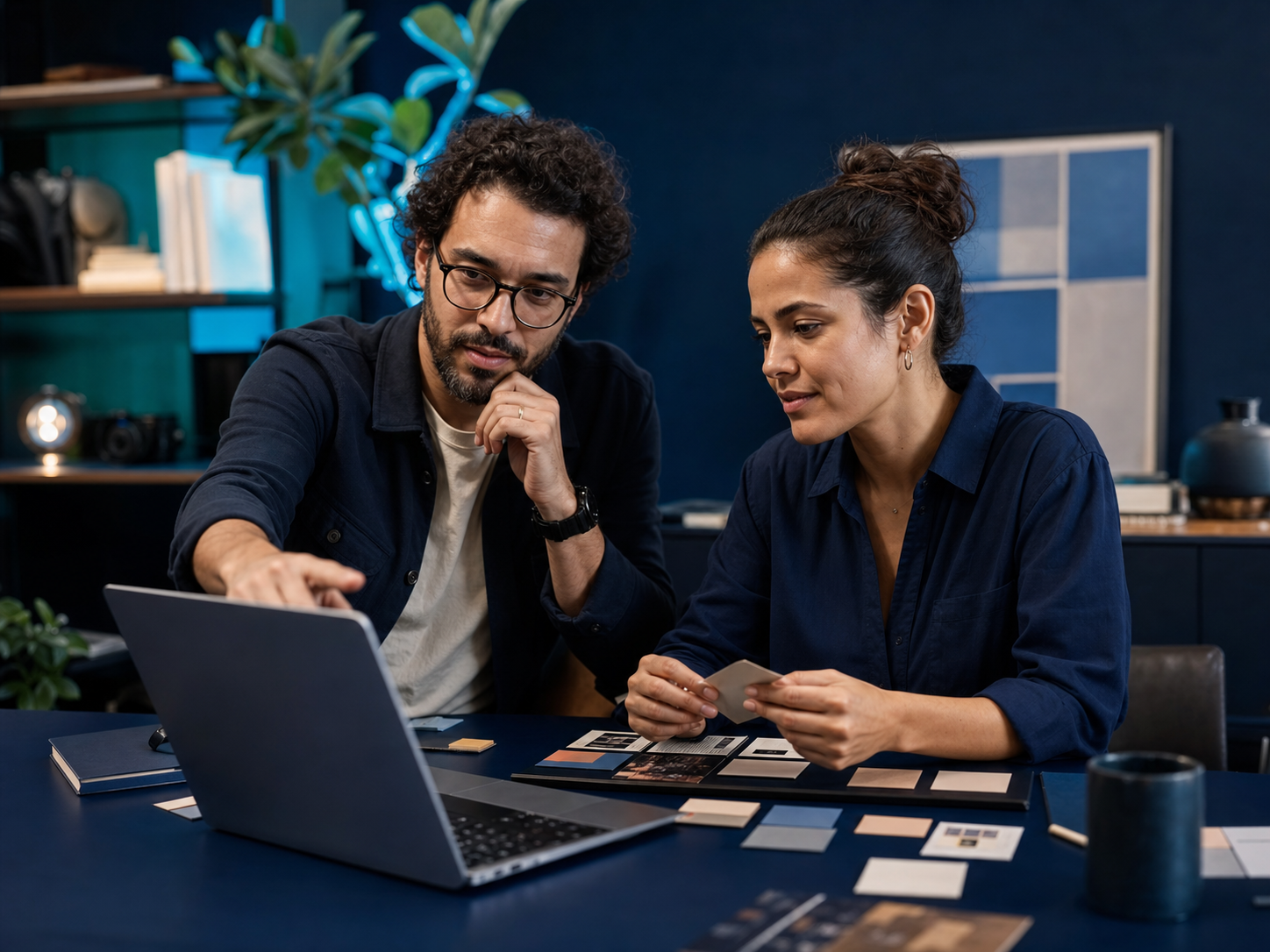 Duas pessoas analisando referências para um projeto digital