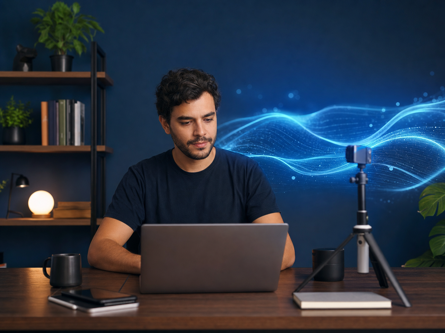 Criador preparando conteúdo digital em um estúdio com detalhes azuis