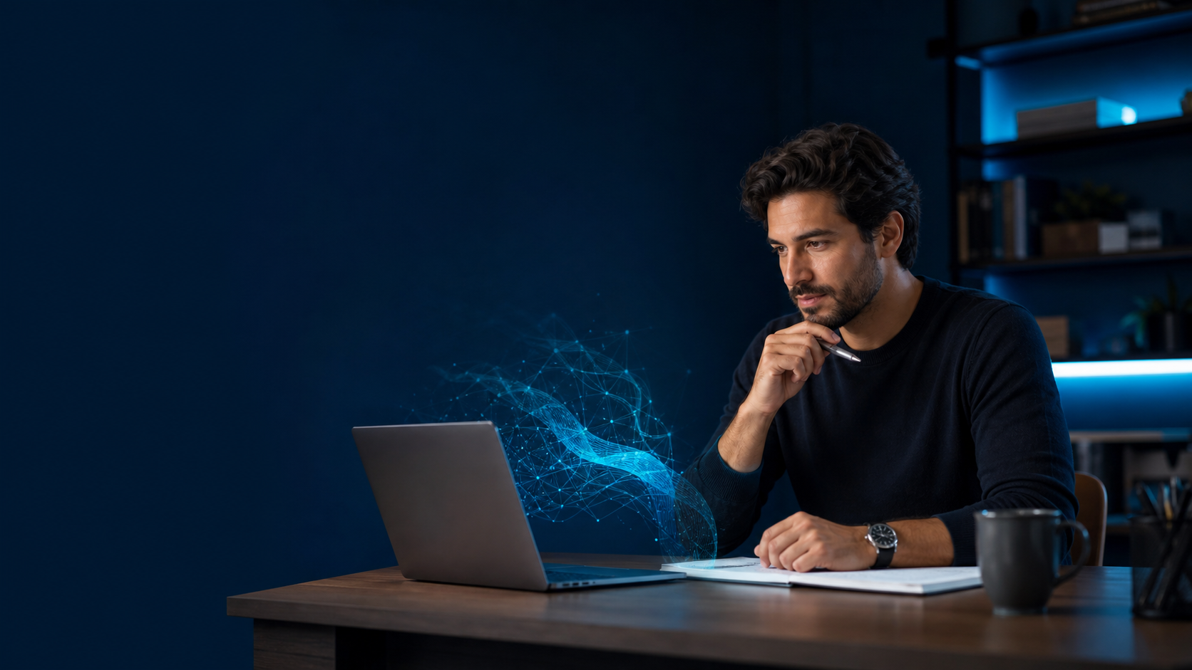 Profissional organizando um projeto em laptop com formas abstratas de inteligência artificial em azul
